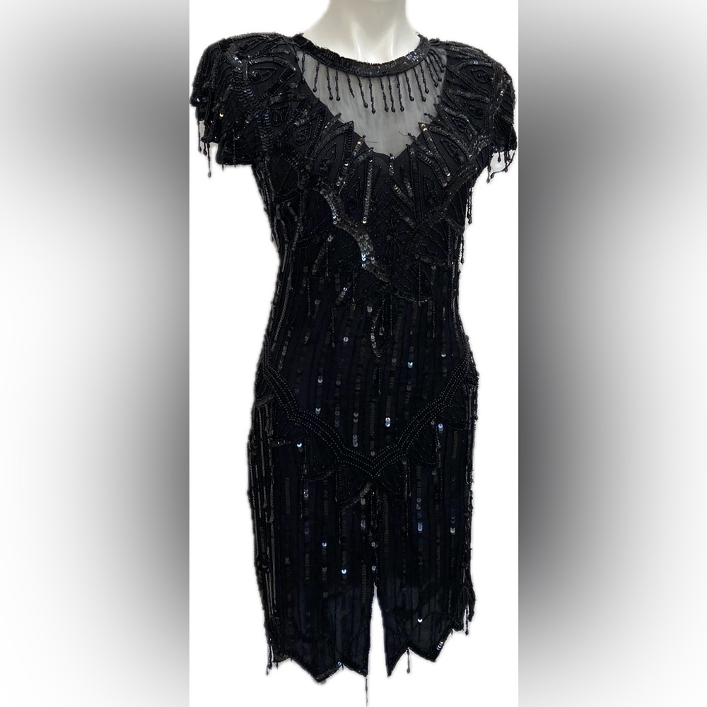 VINTAGE LAURENCE KAZAR BLACK SILK BEADED FLAPPER COCKTAIL DRESS